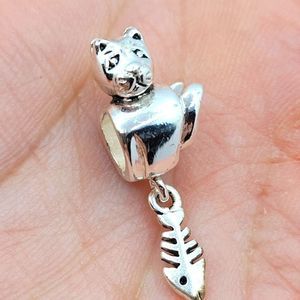 5/$21 ❤ Silver Kitty Cat With Fish Dangle Charm for Pandora Bracelets